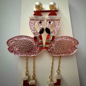 Betsey Johnson Christmas Holiday Pink Flamingo Earrings New
